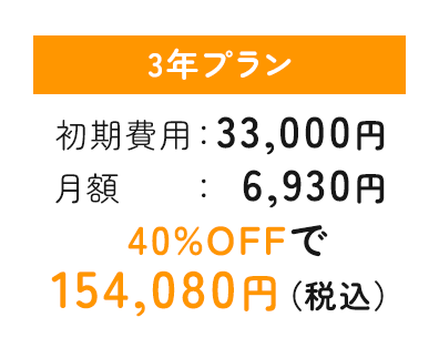 3年プラン 初期費用33,000円 月額6,930円 40%OFFで154,080円（税込）
